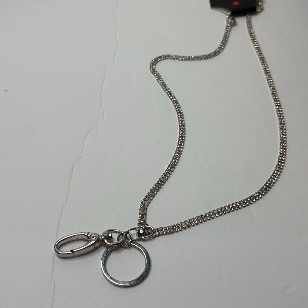 Silver Tone Double Strand Rhinestone ID Badge Holder Lobster Clasp and Key Ring